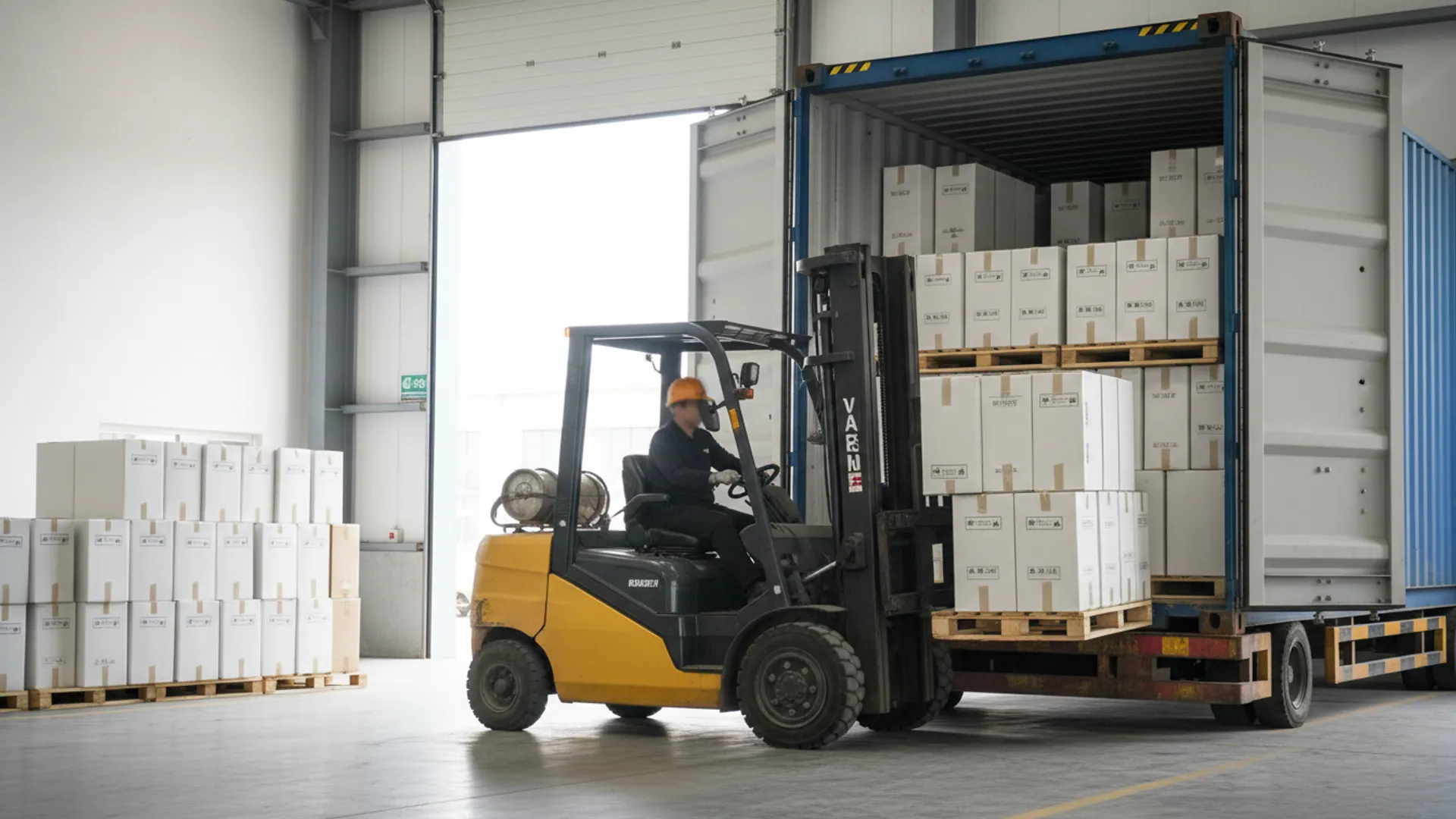 40HQ container being loaded with compressed sofa boxes