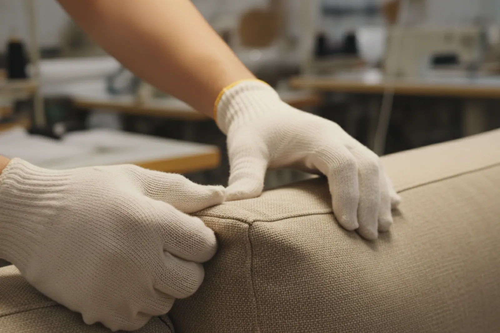 Quality inspector checking sofa upholstery seam tension