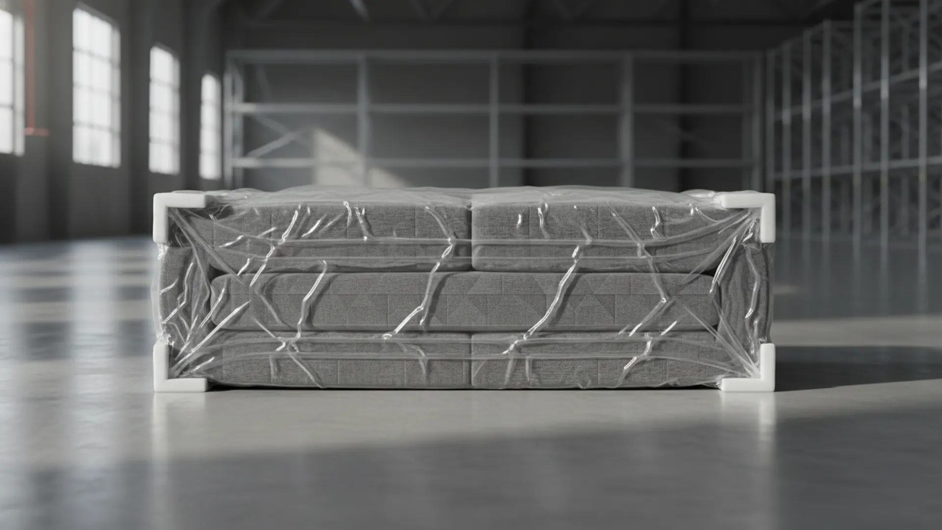 Vacuum-sealed compressed sofa package ready for shipping