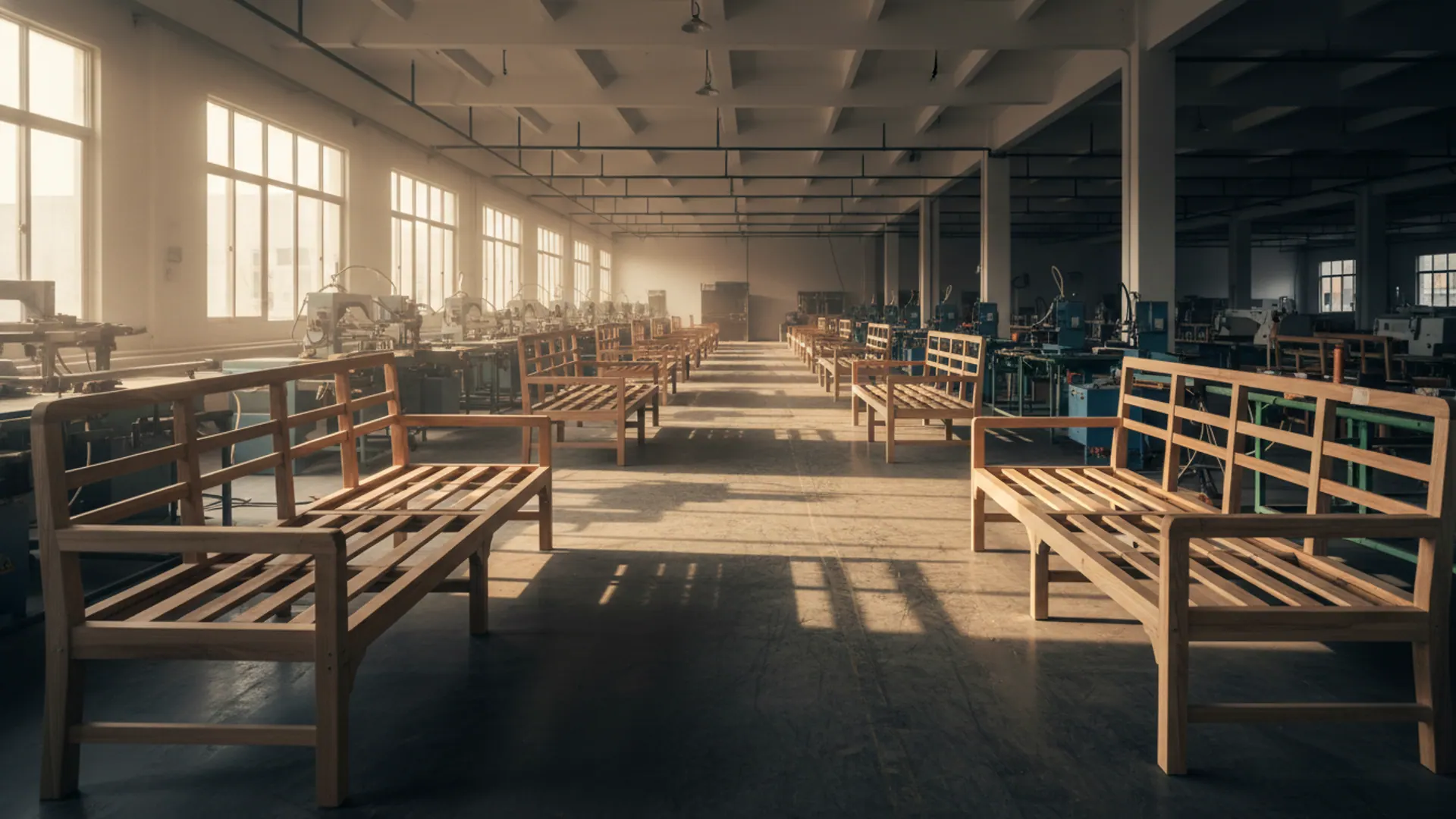 PackableSofa factory floor — production aisle