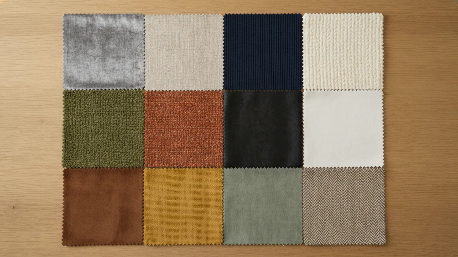 12 upholstery fabric swatches in different colours and textures