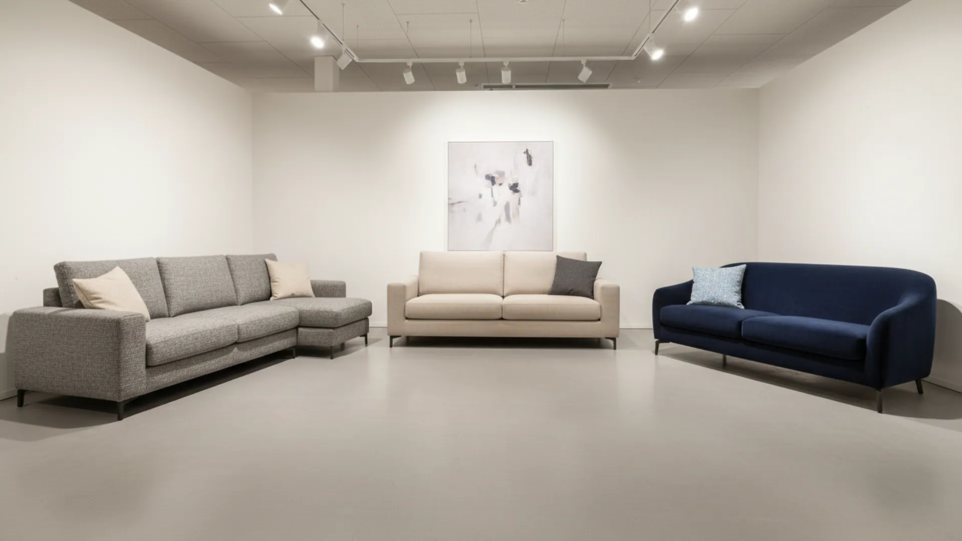 Three packable sofas on a modern retail showroom floor