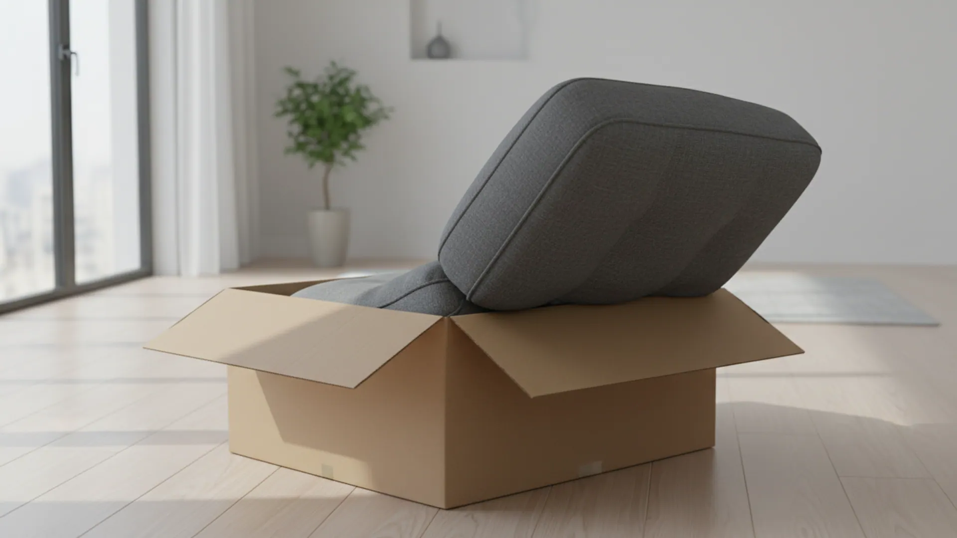 Compressed sofa unboxing — cushion emerging from carton
